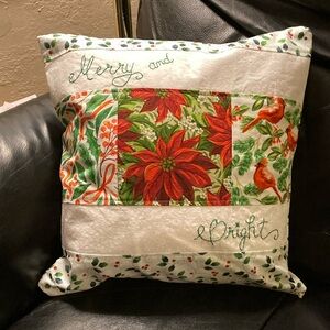 Christmas Pillow Cover Merry and Bright Embroidered Handmade Cardinals